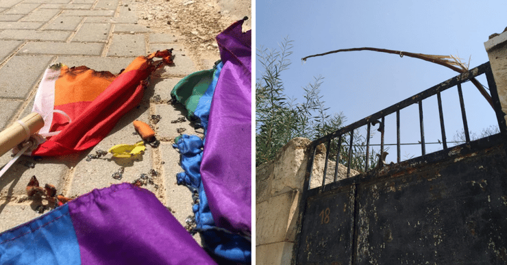 המוט שממנו נתלש הדגל (מימין) והדגל שהוצת לפני שלושה חודשים