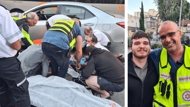 רועי קאופמן ומתנדב מד"א יוסי אזולאי בזירת האירוע