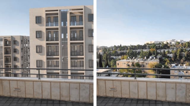 מבט מרחוב הטייסים: מימין כיום, ומשמאל עם בנייה בת תשע קומות 