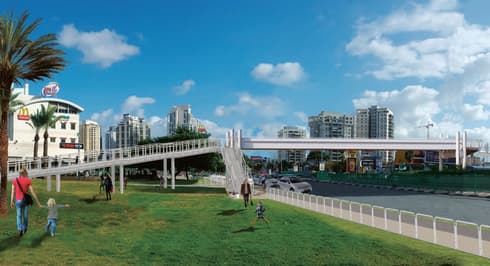 הגשר המתוכנן להולכי רגל מעל רחוב גיסין פתח תקוה (הדמיה: מיכה ורטהיים אדריכלים בע"מ, לויתן מהנדסים בע"מ) הגשר המתוכנן להולכי רגל מעל רחוב גיסין פתח תקוה