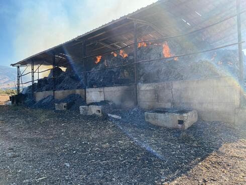 המתבן שהוצת (צילום: הצתה בקיבוץ שניר | צילום: תיעוד מבצעי כבאות והצלה מחוז צפון) המתבן שהוצת