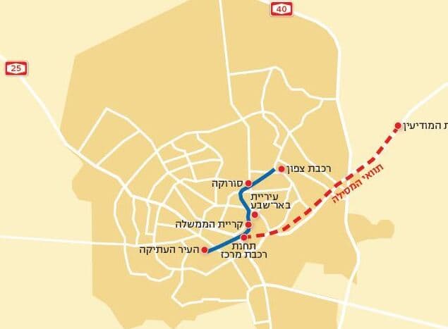 מפת העיר. הנקודות בהן תעבור הרכבת הקלה 