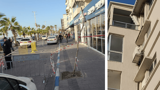 החלק שקרס (מימין) והשברים ברחוב