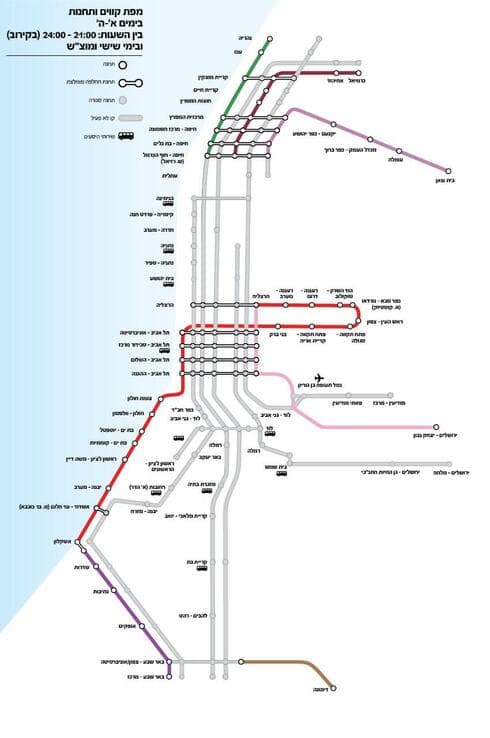 מפת קווים ותחנות לשעות הלילה בימים ראשון עד חמישי, וכן ימי שישי ומוצאי שבת. החל ממוצאי שבת 25.12.21 (צילום: דוברות רכבת ישראל) מפת קווים ותחנות לשעות הלילה בימים ראשון עד חמישי, וכן ימי שישי ומוצאי שבת. החל ממוצאי שבת 25.12.21