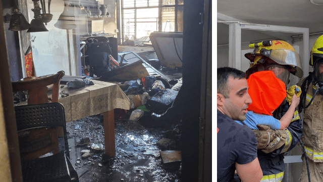 חילוץ הילדים ובית המשפחה לאחר כיבוי השריפה