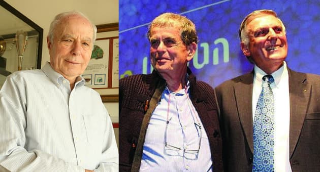 זוכי פרס נובל פרופ' דן שכטמן, פרופ' אהרון צ'חנובר ופרופ' אברהם הרשקו (צילום מימין: גיל נחושתן, אלעד גרשגורן) זוכי פרס נובל פרופ' דן שכטמן, פרופ' אהרון צ'חנובר ופרופ' אברהם הרשקו