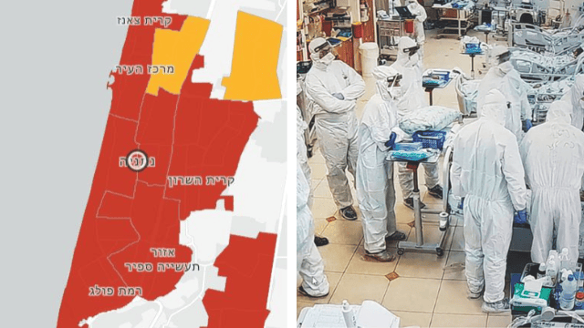 מחלקת קורונה בבית החולים לניאדו ומפת התחלואה, מתוך נתוני משרד הבריאות