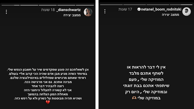 הסטורי שפרסמו דיאן ונתנאל בעקבות קידום השיר 