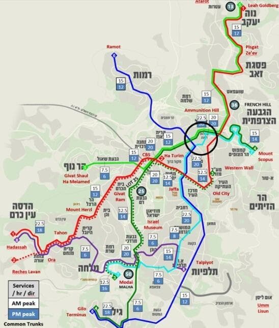 מפת מסלול הקו התכלת (איור: באדיבות תכנית אב לתחבורה ירושלים) מפת מסלול הקו התכלת