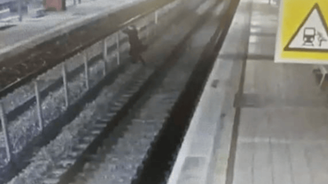 אדם יורד למסילת הרכבת בנורדאו