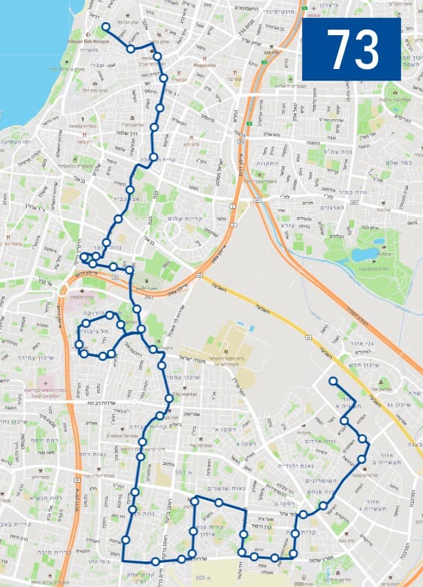 מפת התחנות החדשה של קו 73 (צילום: משרד התחבורה) מפת התחנות החדשה של קו 73