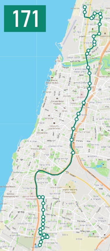 מפת התחנות החדשה של קו 171 (צילום: משרד התחבורה) מפת התחנות החדשה של קו 171