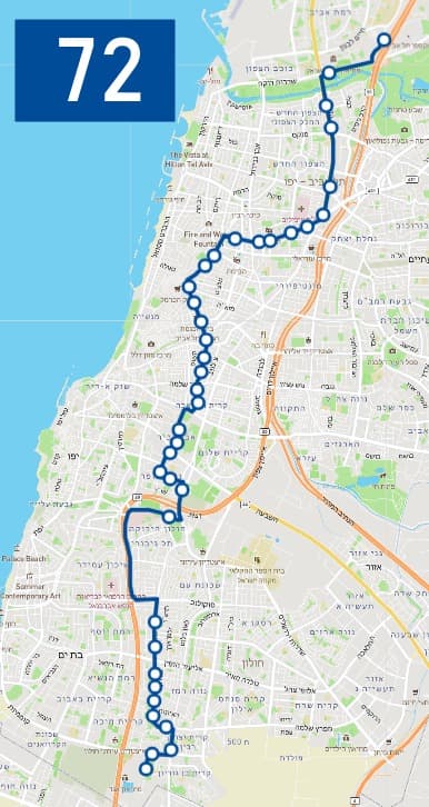 מפת התחנות החדשה של קו 72 (צילום: משרד התחבורה) מפת התחנות החדשה של קו 72