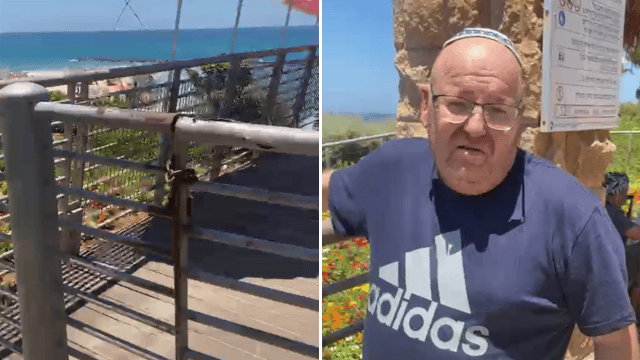 משה ברוקס ליד המעבר הסגור למעליות בסירונית (צילום: טלי מולנר) משה ברוקס ליד המעבר הסגור למעליות בסירונית
