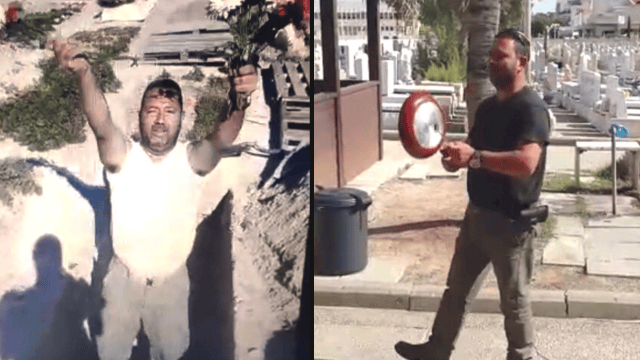 רוקד עם מחבת ומחזיק פרחים בקבר. אברהם לוי