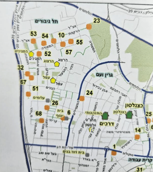 מפת המקלטים הציבוריים בתל גיבורים