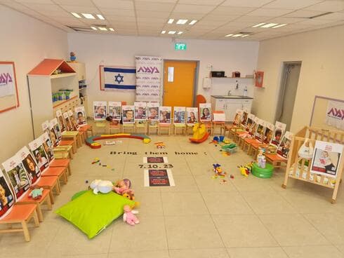 המיצג עם תמונות החטופים בגן של נעמת בנתניה