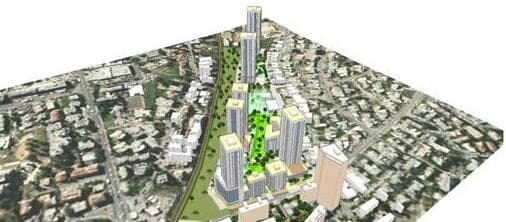 כך תיראה התכנית במתחם 'פינוי בינוי' ברחוב מעגלי יבנה בשכונת גוננים. מבט אווירי מהצפון (הדמיה: אדריכל אלי רכס, ממשרד אלי רכס אדריכלים) כך תיראה התכנית במתחם 'פינוי בינוי' ברחוב מעגלי יבנה בשכונת גוננים