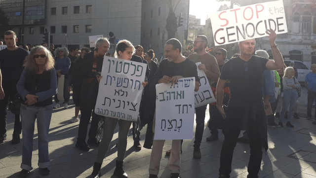 שלטים פרו פלסטינים בהפגנה
