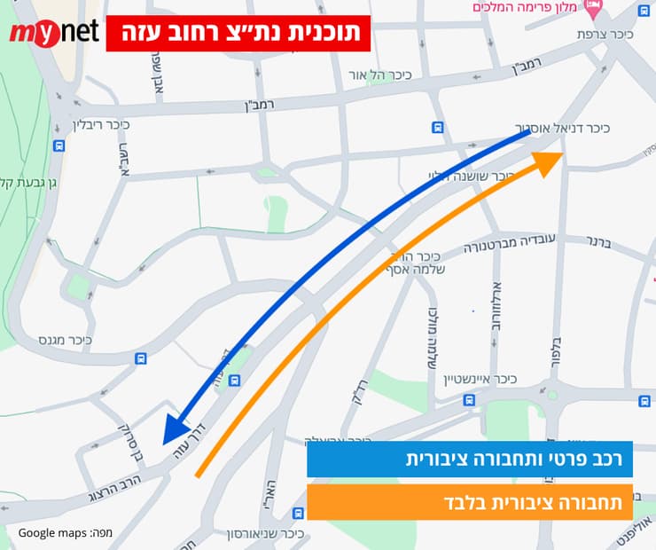 נתיב תחבורה ציבורית ברחוב עזה (מפה: Google maps) נתיב תחבורה ציבורית ברחוב עזה