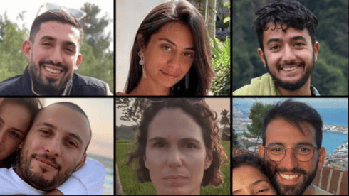 6 החטופים שגופותיהם נמצאו: מימין למעלה: הרש גולדברג-פולין, עדן ירושלמי, אורי דנינו. מימין למטה: אלמוג סרוסי, כרמל גת, אלכס לובנוב