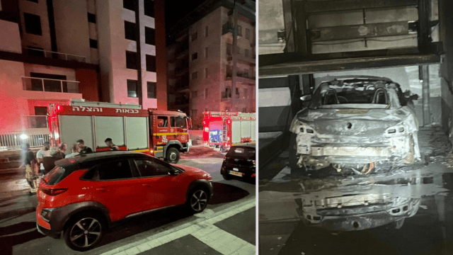 הרכב שעלה באש בחניון (מימין), כוחות הכיבוי מחוך לחניון