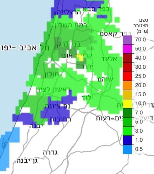 מפת כמויות הגשם שירדו בשבת (21.12) מהמכ״מ ומרשת תחנות הגשם (צילום: השירות המטאורולוגי הישראלי) מפת כמויות הגשם שירדו בשבת (21.12) מהמכ״מ ומרשת תחנות הגשם