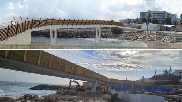 למעלה הדמיה. למטה המצב כיום. גשר הולכי הרגל בטיילת בת גלים חיפה (צילום: יפה נוף) למעלה הדמיה. למטה המצב כיום. גשר הולכי הרגל בטיילת בת גלים חיפה