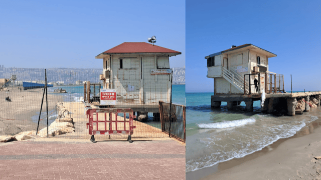 סכנה יומיומית. החופים בחיפה נעלמים (צילום: צלול) סוכות מציל מבטון באוויר. החופים בחיפה נעלמים