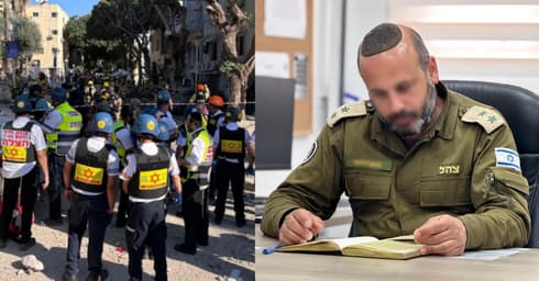 סא"ל ב' מג"ד 355 פיקוד העורף ואתר נפילה בשכונת הדר חיפה (צילום: צה"ל, מד"א) סא"ל ב' מג"ד 355 פיקוד העורף ואתר נפילה בשכונת הדר חיפה