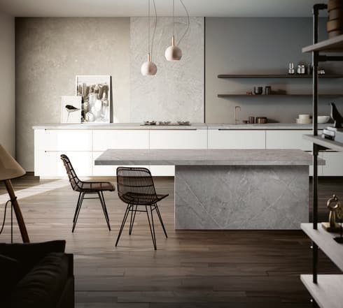 משטחי עבודה למטבח וחיפויי קירות Dekton דגם Vera במראה בטון, מסדרת Natural . קוסנטינו