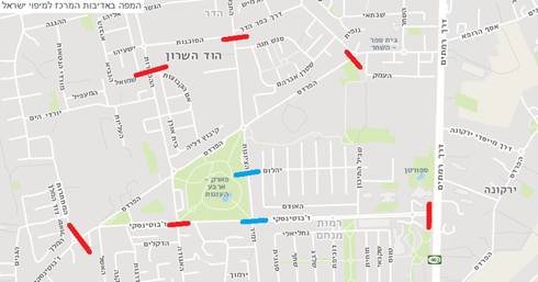 החסימות הצפויות. באדום (החל מ-18) בכחול (החל מ-10) | צילום: באדיבות המכון למיפוי ישראל החסימות הצפויות. באדום (החל מ-18) בכחול (החל מ-10) | צילום: באדיבות המכון למיפוי ישראל