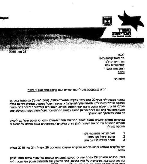 הצו שהוצא לקונדיטוריה על ידי משרד הבריאות