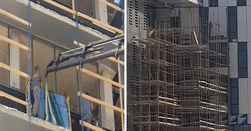 אתרי בנייה במודיעין - עובדים ללא רתמה וקסדות | צילום: מוקד קו לחיים