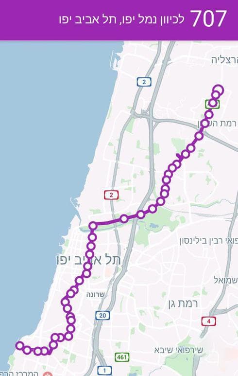 קו 707 לכיוון נמל יפו | מפה מתוך אתר ynet