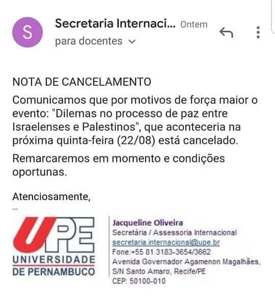 Comunicación enviada desde la Universidad informando la cancelación del evento (Facebook: André Lajst) Cancelación de conferencia en Brasil