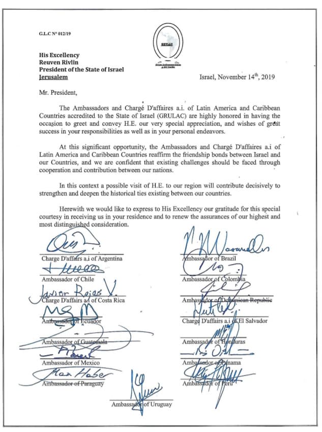 Exclusivo: la carta entregada por los embajadores del GRULAC al presidente Reuven Rivlin. "Una posible visita suya a la región contribuirá a estrechar y profundizar los históricos lazos existentes entre nuestros países". (Ynet Español) Invitación