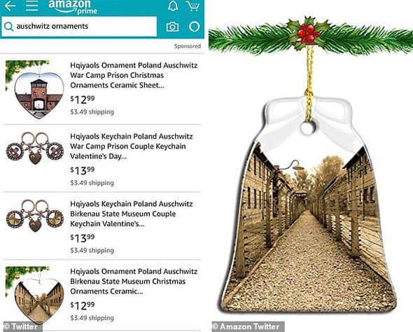 Decoraciones navideñas con la imagen del campo de exterminio de Auschwitz en Amazon (Ynet) Decoraciones navideñas con la imagen del campo de exterminio de Auschwitz en Amazon