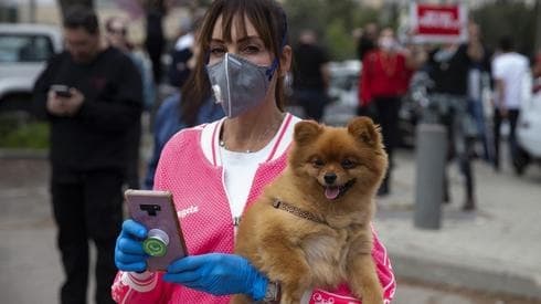 Mujer israelí con barbijo y guantes pasea a su perro en Tel Aviv. 