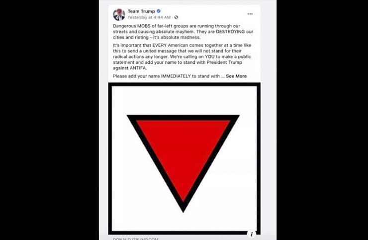 Captura de la propaganda de Trump con el triángulo rojo invertido, símbolo que el nazismo obligaba a utilizar en sus presos políticos de izquierda. (AFP) Captura de la propaganda de Trump con el triángulo rojo invertido, símbolo que el nazismo obligaba a utilizar en sus presos políticos de izquierda.