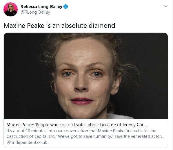 El tweet de Rebecca Long-Bailey. 