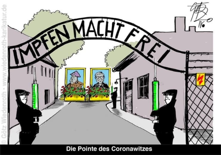 El portón de entrada al campo de concentración y de exterminio de Auschwitz, en el que se lee “la vacuna libera”, en sustitución de la frase original “el trabajo libera”. (wiedenroth-karikatu) El portón de entrada al campo de concentración y de exterminio de Auschwitz, en el que se lee “la vacuna libera”, en sustitución de la frase original “el trabajo libera”.