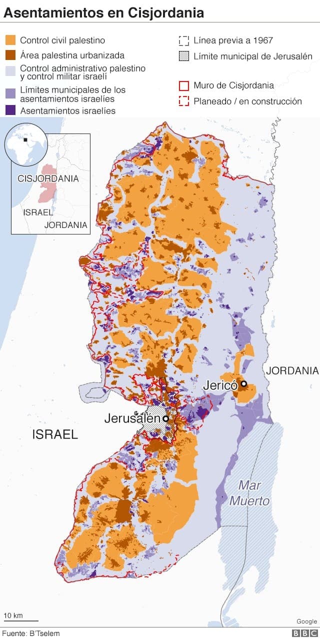 El mapa de Cisjordania y el control de los territorios en cada una de las áreas. (Gentileza) El mapa de Cisjordania y el control de los territorios en cada una de las áreas.