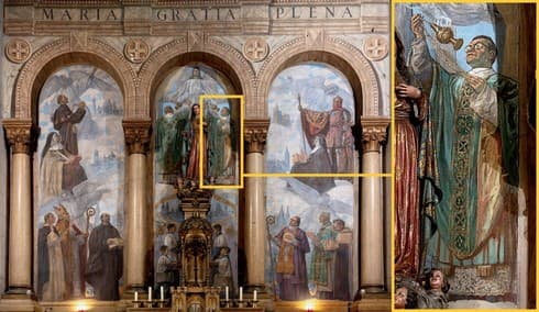 El retablo mayor de la iglesia de la misión claretiana, donde se cree que aparece retratado el padre Joaquín Aller, uno de los falsificadores de Dios. Sacerdotes claretianos París