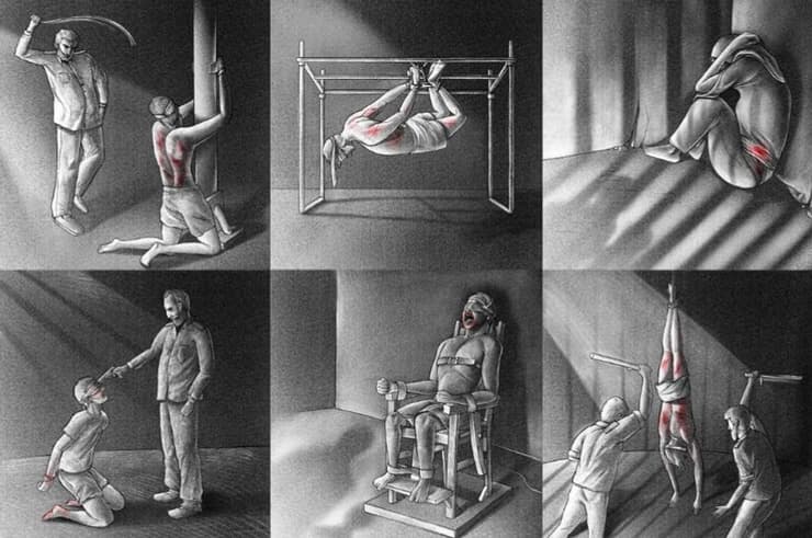 Ilustraciones de Amnistía Internacional sobre los métodos de tortura aplicados contra manifestantes en Irán. (Amnistía Internacional) Ilustraciones de Amnistía Internacional sobre los métodos de tortura aplicados contra manifestantes en Irán.