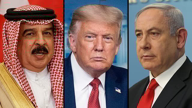 El rey Hamad bin Isa Al Khalifa, el presidente Donald Trump y el primer ministro Netanyahu. (Ynet) Bahrein Trump Netanyahu