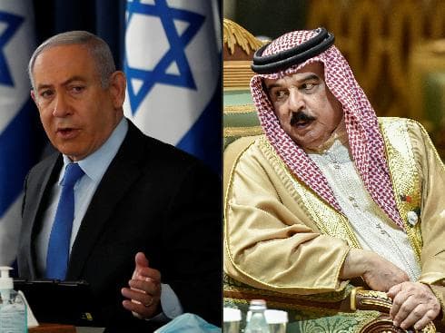 Primer ministro de Israel, Benjamin Netanyahu, y el rey de Bahrein, Hamad bin Isa Al Khalifa. (AFP) Primer ministro de Israel Benjamin Netanyahu y el rey de Bairén Hamad bin Isa Al Khalifa.