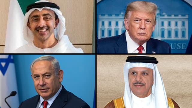 Se darán la mano: Abdullah Bin Zayed (EAU), Donald Trump (EE.UU.), Benjamín Netanyahu (Israel) y Abd Al Latif Al Ziani (Bahrein). (Ynet) Israel EAU Bahrein Trump