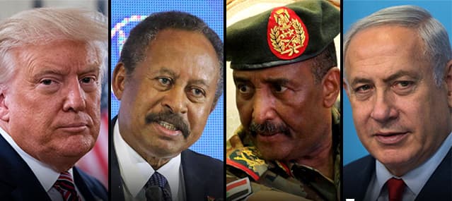 De izquierda a derecha: el presidente de Estados Unidos, Donald Trump, el primer ministro de Sudán, Abdallah Hamdok, el líder del gobierno de transición sudanés, Abdel-Fattah Burhan, y el primer ministro israelí, Benjamín Netanyahu. 