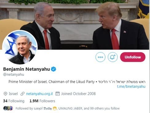 La foto con Trump que Netanyahu tuvo en su perfil durante largos meses. (Captura de pantalla) La foto con Trump que Netanyahu tuvo en su perfil durante largos meses.